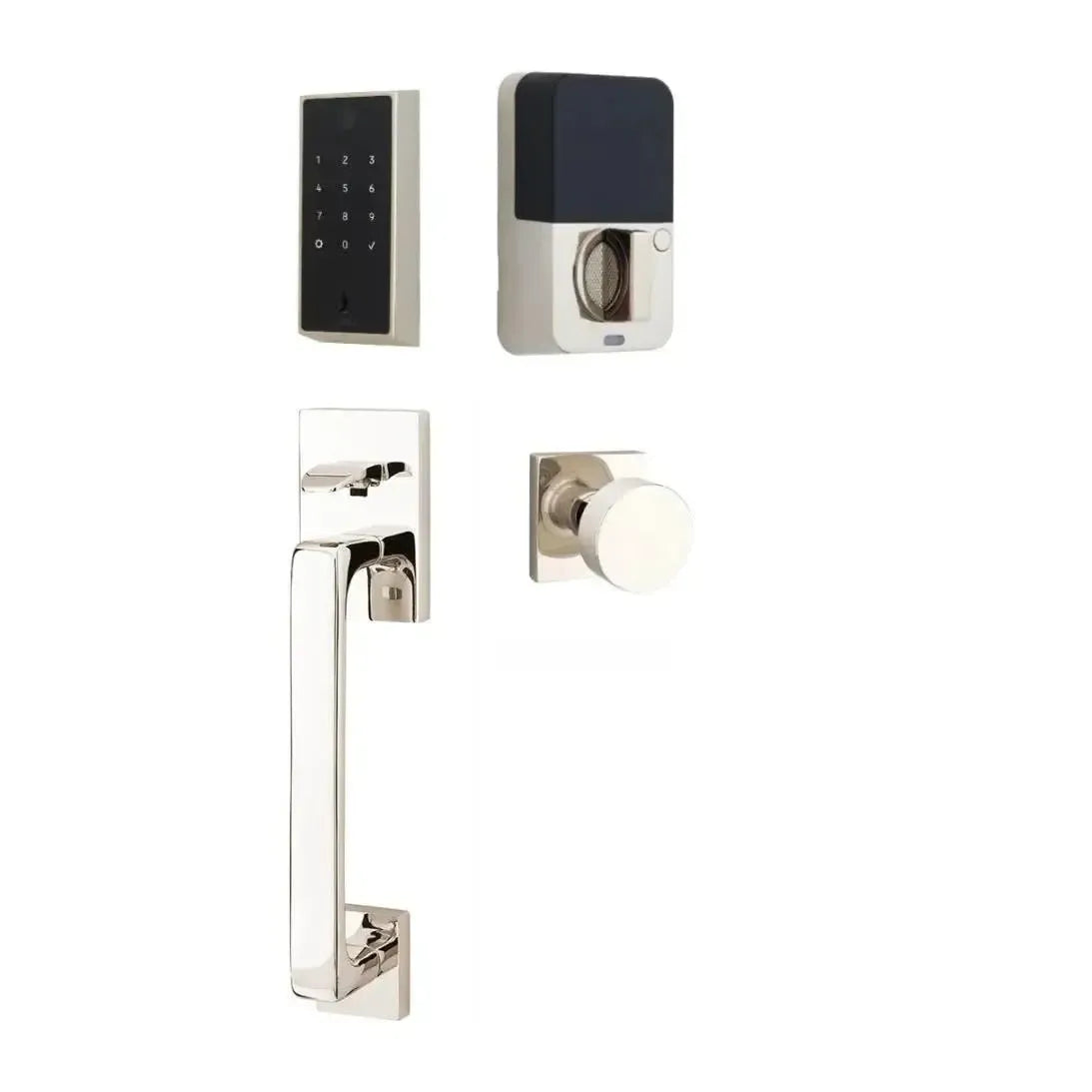 Emtek EMPowered 2 Touch Entry Set with Baden Grip and Interior Round Knob in Lifetime Polished Nickel finish