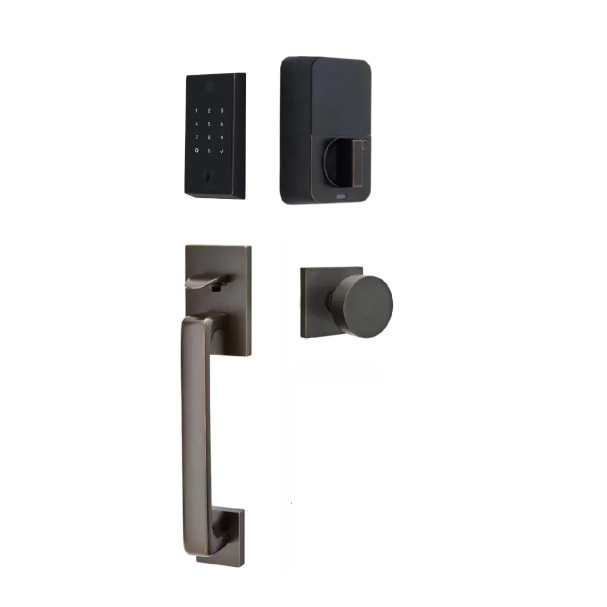 Emtek EMPowered 2 Touch Entry Set with Baden Grip and Interior Round Knob Oil Rubbed Bronze
