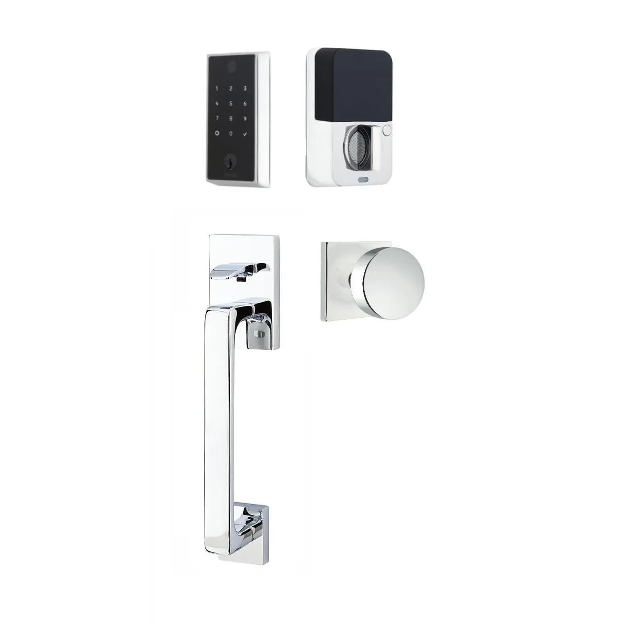 Emtek EMPowered 2 Touch Entry Set with Baden Grip and Interior Round Knob Polished Chrome