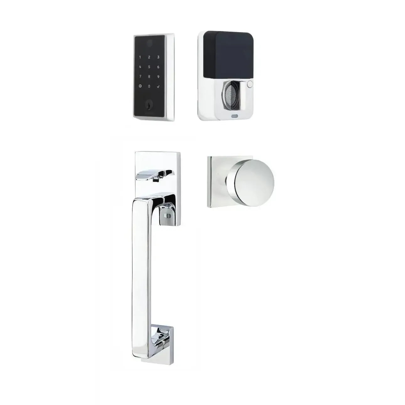 Emtek EMPowered 2 Touch Entry Set with Baden Grip and Interior Round Knob in Polished Chrome finish