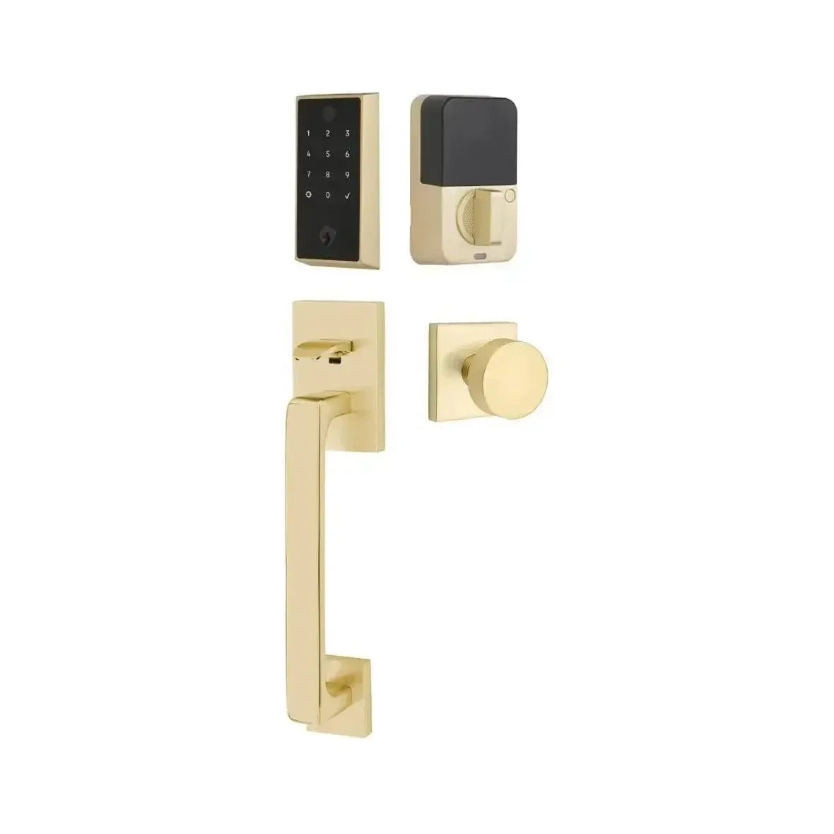 Emtek EMPowered 2 Touch Entry Set with Baden Grip and Interior Round Knob in Satin Brass finish