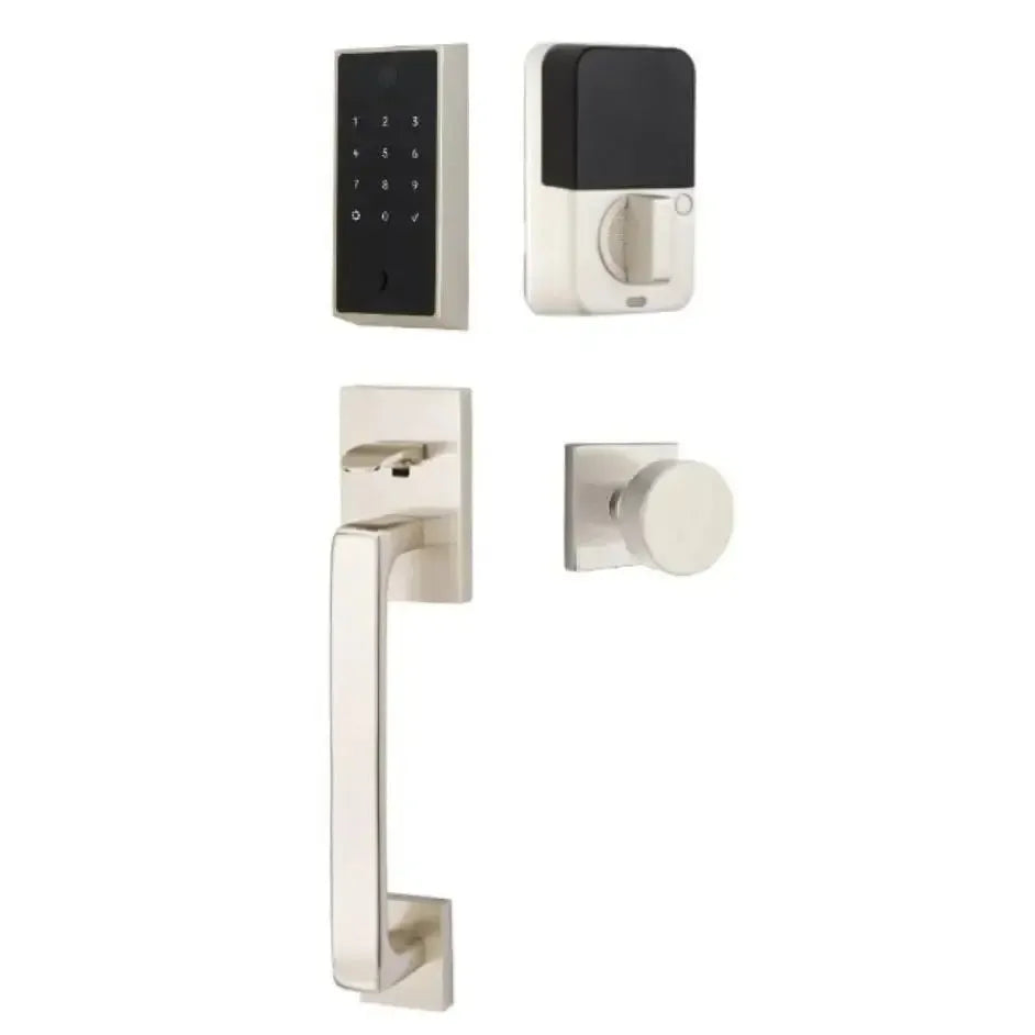 Emtek EMPowered 2 Touch Entry Set with Baden Grip and Interior Round Knob in Satin Nickel finish