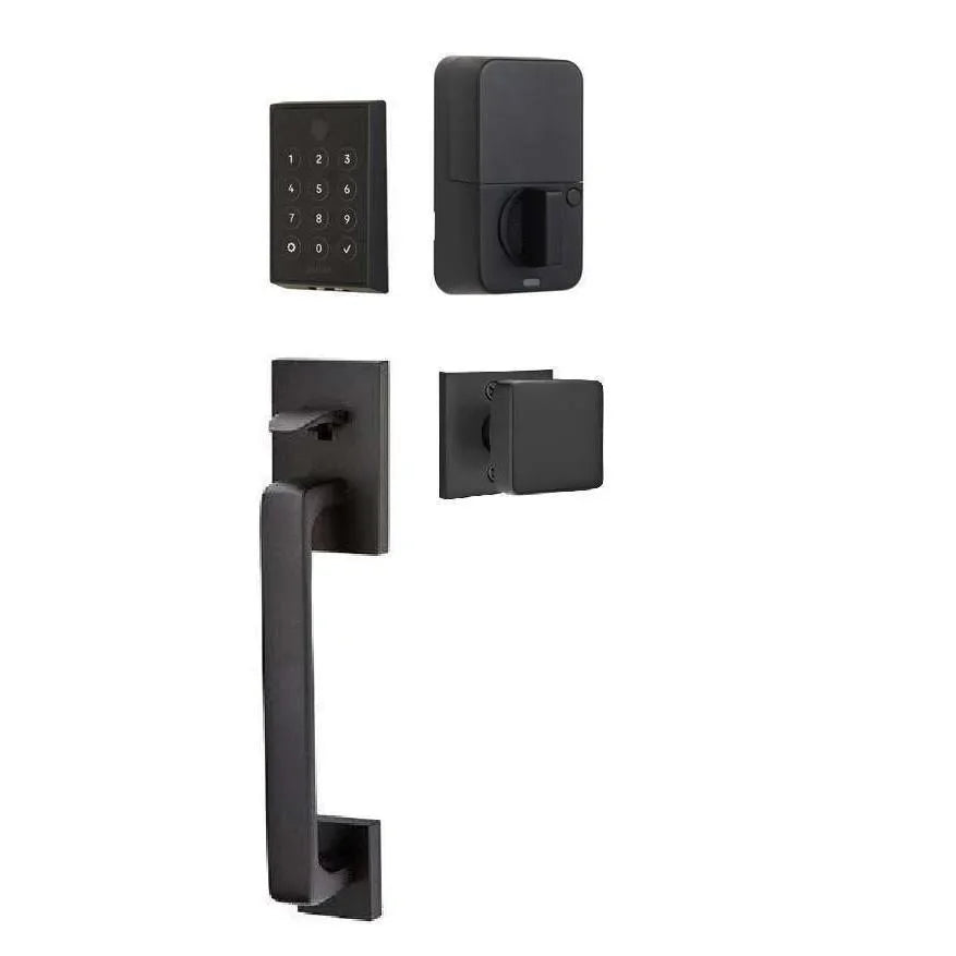 Emtek EMPowered 2 Touch Entry Set with Baden Grip and Interior Square Knob Flat Black