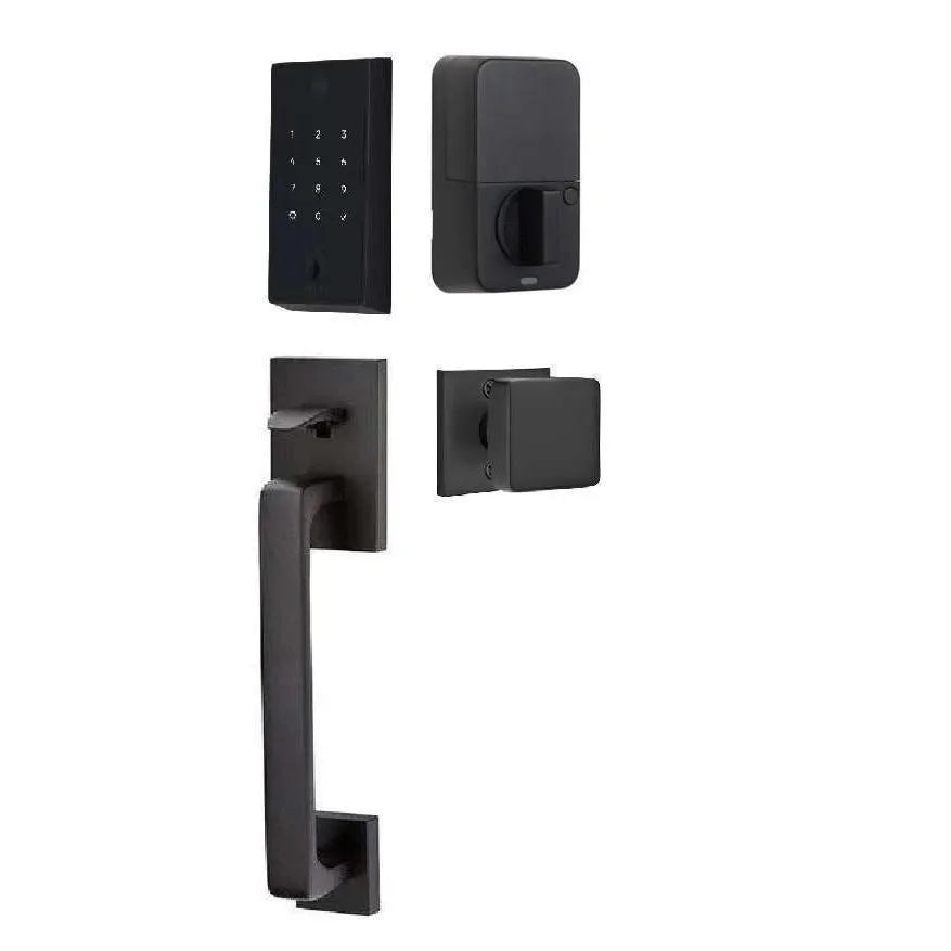 Emtek EMPowered 2 Touch Entry Set with Baden Grip and Interior Square Knob Flat Black