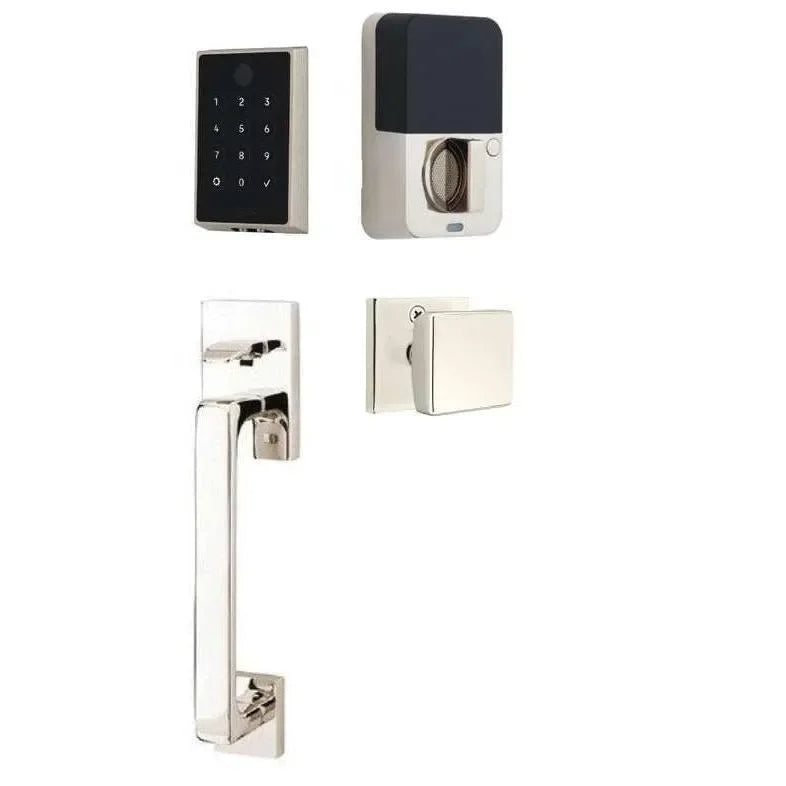 Emtek EMPowered 2 Touch Entry Set with Baden Grip and Interior Square Knob Lifetime Polished Nickel