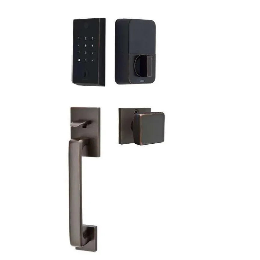 Emtek EMPowered 2 Touch Entry Set with Baden Grip and Interior Square Knob Oil Rubbed Bronze