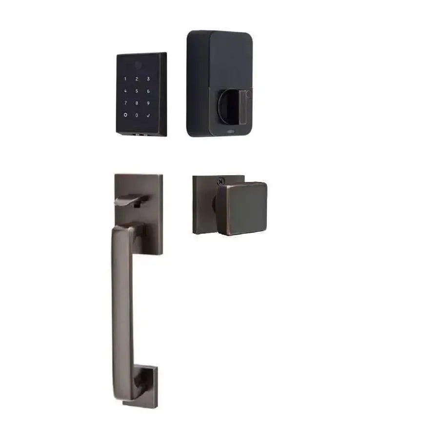 Emtek EMPowered 2 Touch Entry Set with Baden Grip and Interior Square Knob in Oil Rubbed Bronze finish