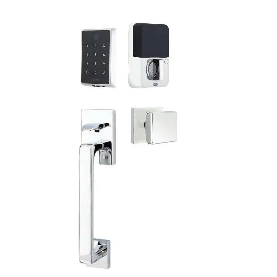 Emtek EMPowered 2 Touch Entry Set with Baden Grip and Interior Square Knob Polished Chrome