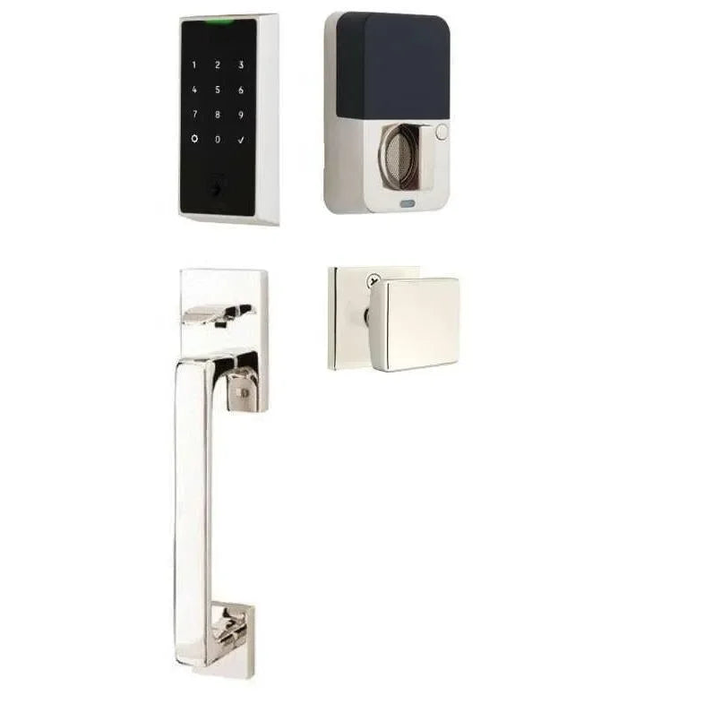 Emtek EMPowered 2 Touch Entry Set with Baden Grip and Interior Square Knob Polished Chrome