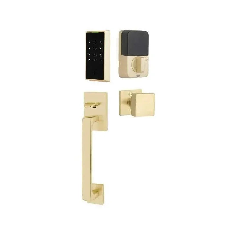 Emtek EMPowered 2 Touch Entry Set with Baden Grip and Interior Square Knob Satin Brass