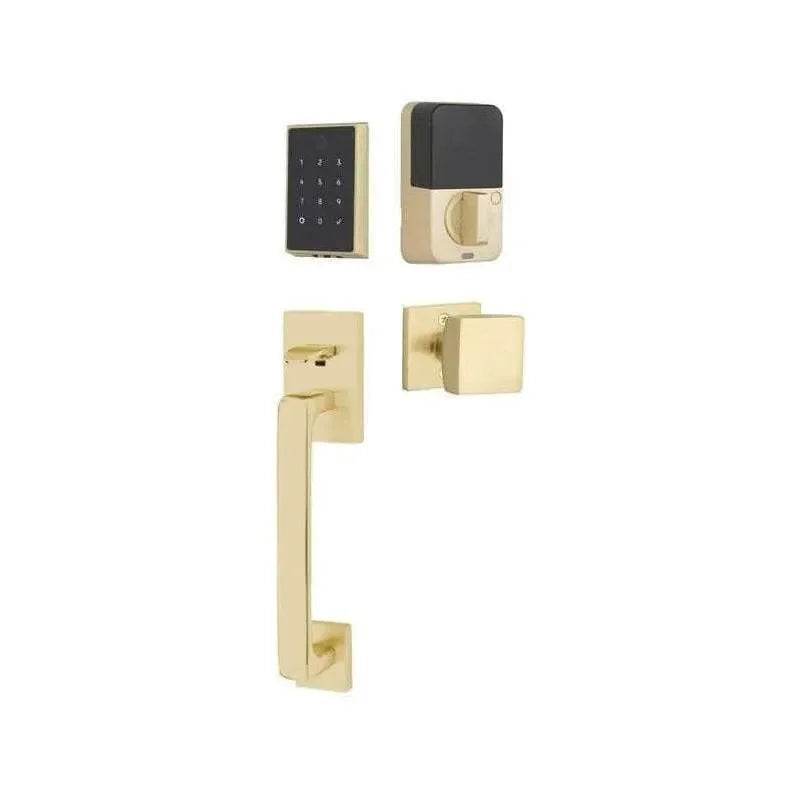 Emtek EMPowered 2 Touch Entry Set with Baden Grip and Interior Square Knob Satin Brass