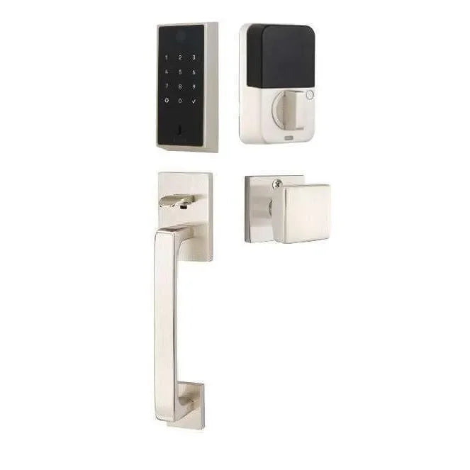 Emtek EMPowered 2 Touch Entry Set with Baden Grip and Interior Square Knob Satin Nickel