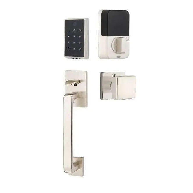 Emtek EMPowered 2 Touch Entry Set with Baden Grip and Interior Square Knob Satin Nickel