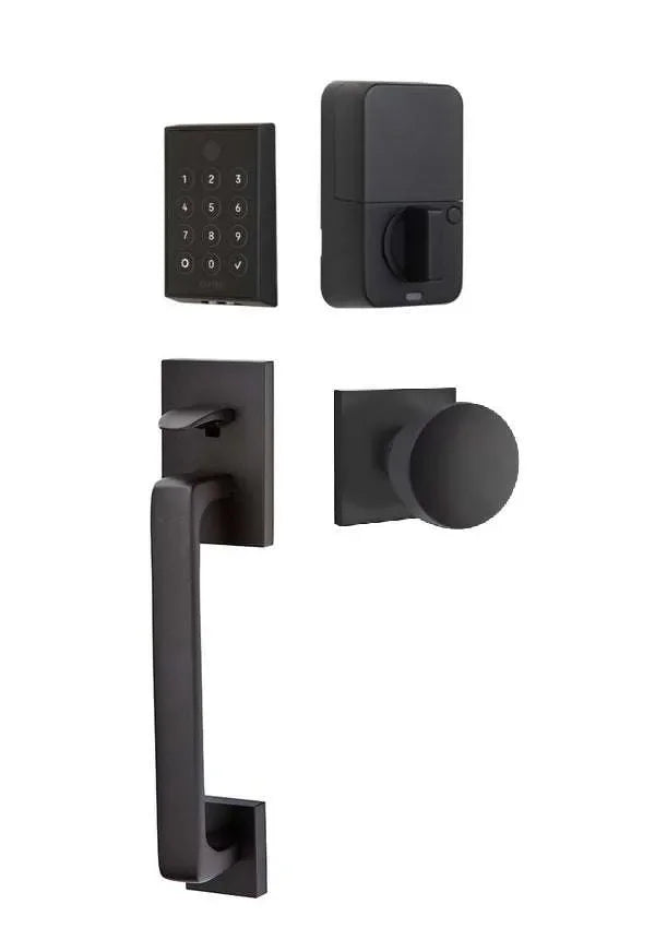 Emtek EMPowered 2 Touch Entry Set with Baden Grip and Laurent Knob Flat Black