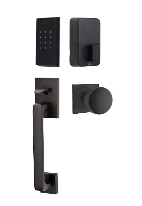 Emtek EMPowered 2 Touch Entry Set with Baden Grip and Laurent Knob Flat Black