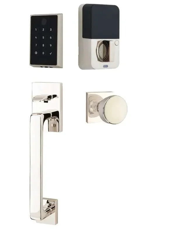 Emtek EMPowered 2 Touch Entry Set with Baden Grip and Laurent Knob Lifetime Polished Nickel