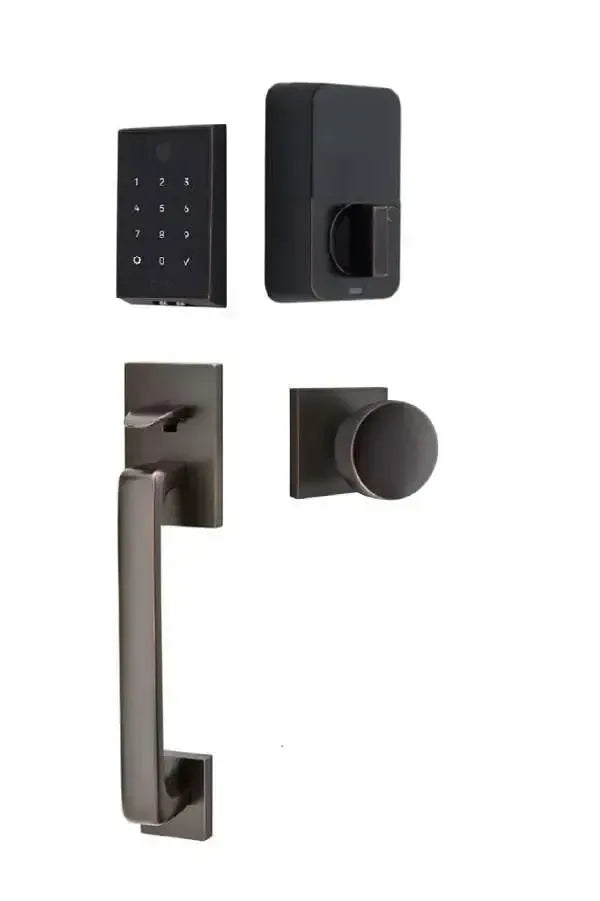 Emtek EMPowered 2 Touch Entry Set with Baden Grip and Laurent Knob in Oil Rubbed Bronze finish