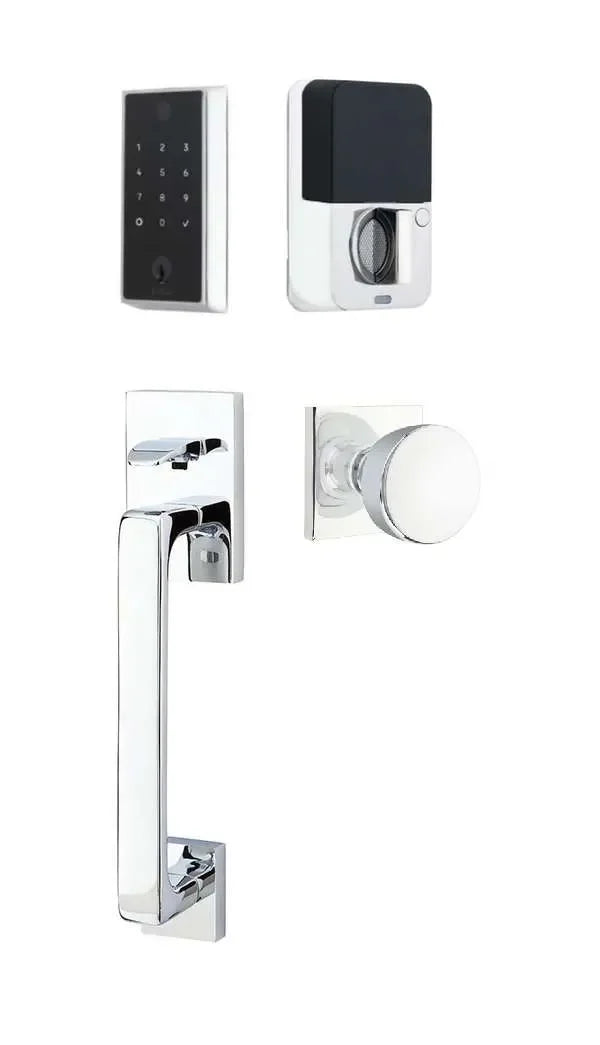 Emtek EMPowered 2 Touch Entry Set with Baden Grip and Laurent Knob Polished Chrome
