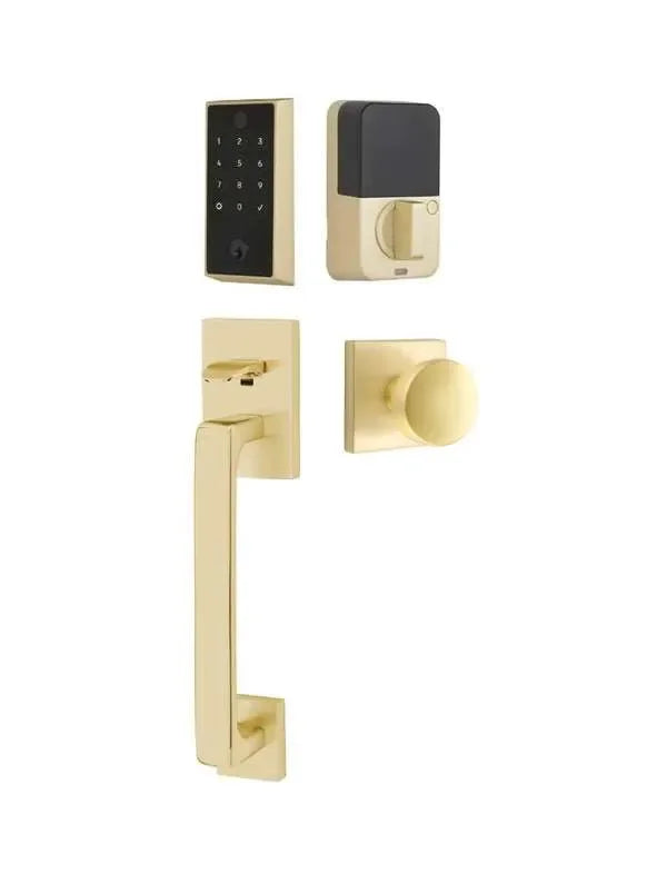 Emtek EMPowered 2 Touch Entry Set with Baden Grip and Laurent Knob Satin Brass