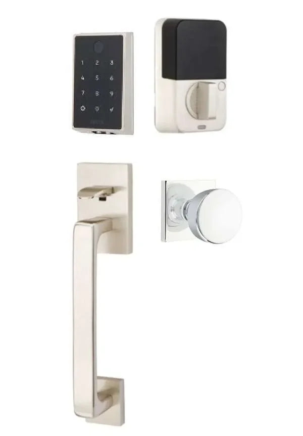 Emtek EMPowered 2 Touch Entry Set with Baden Grip and Laurent Knob Satin Nickel