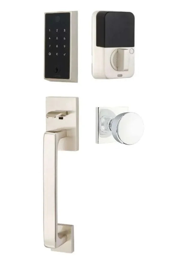 Emtek EMPowered 2 Touch Entry Set with Baden Grip and Laurent Knob Satin Nickel