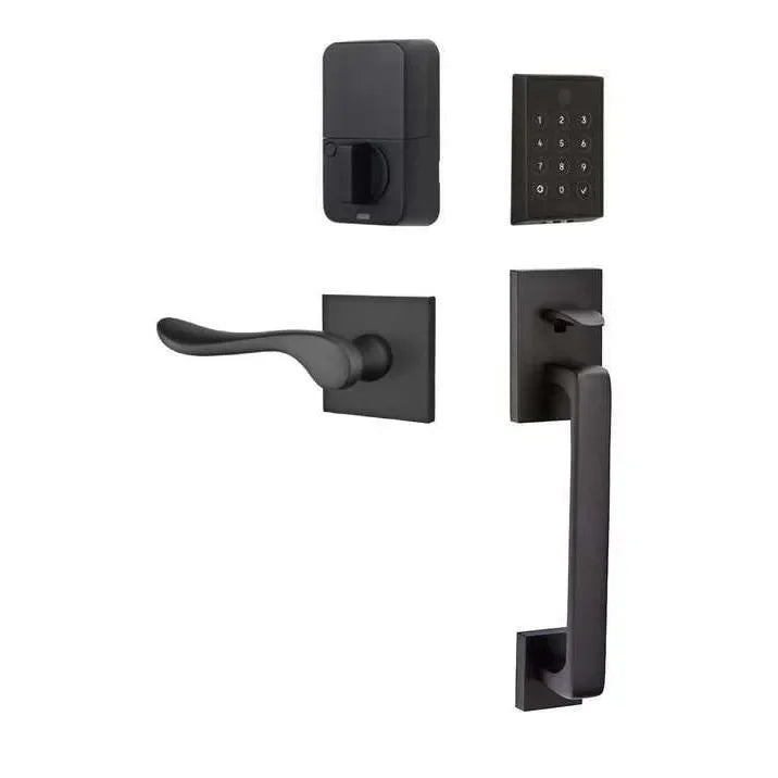 Emtek EMPowered 2 Touch Entry Set with Baden Grip and Luzern Lever Flat Black
