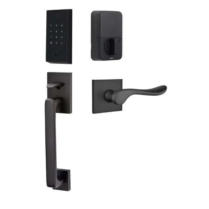 Emtek EMPowered 2 Touch Entry Set with Baden Grip and Luzern Lever Flat Black