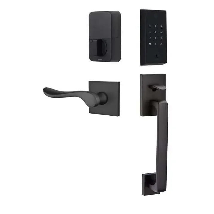 Emtek EMPowered 2 Touch Entry Set with Baden Grip and Luzern Lever Flat Black