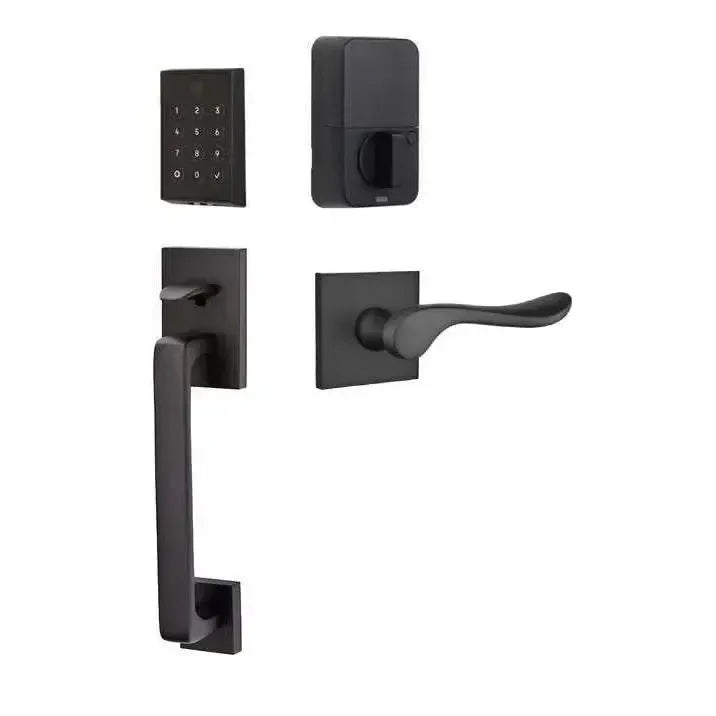 Emtek EMPowered 2 Touch Entry Set with Baden Grip and Luzern Lever in Flat Black finish