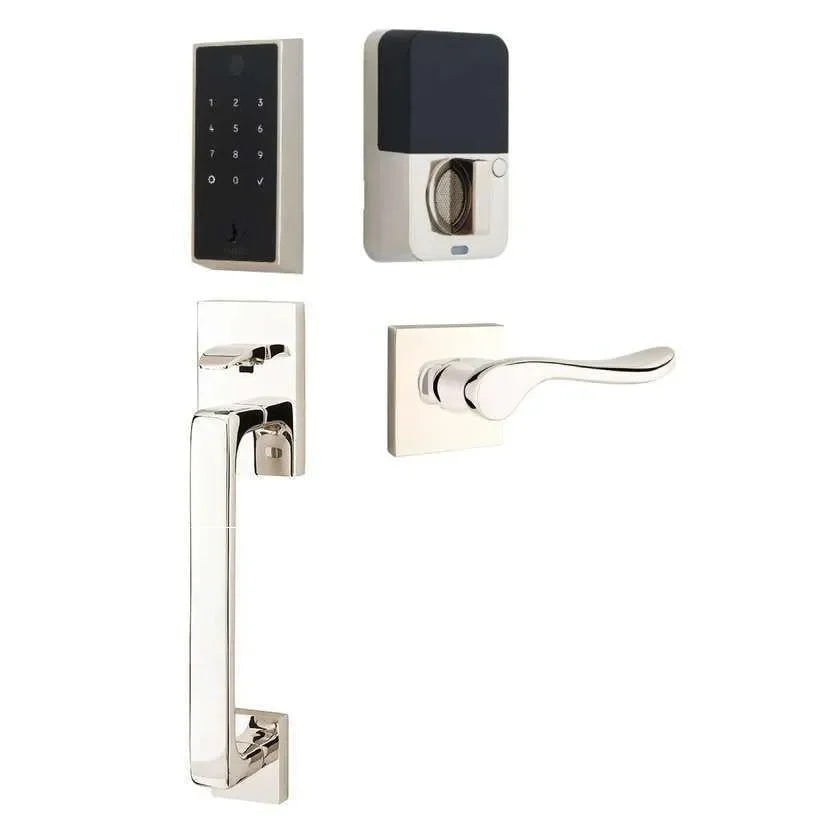 Emtek EMPowered 2 Touch Entry Set with Baden Grip and Luzern Lever Lifetime Polished Nickel