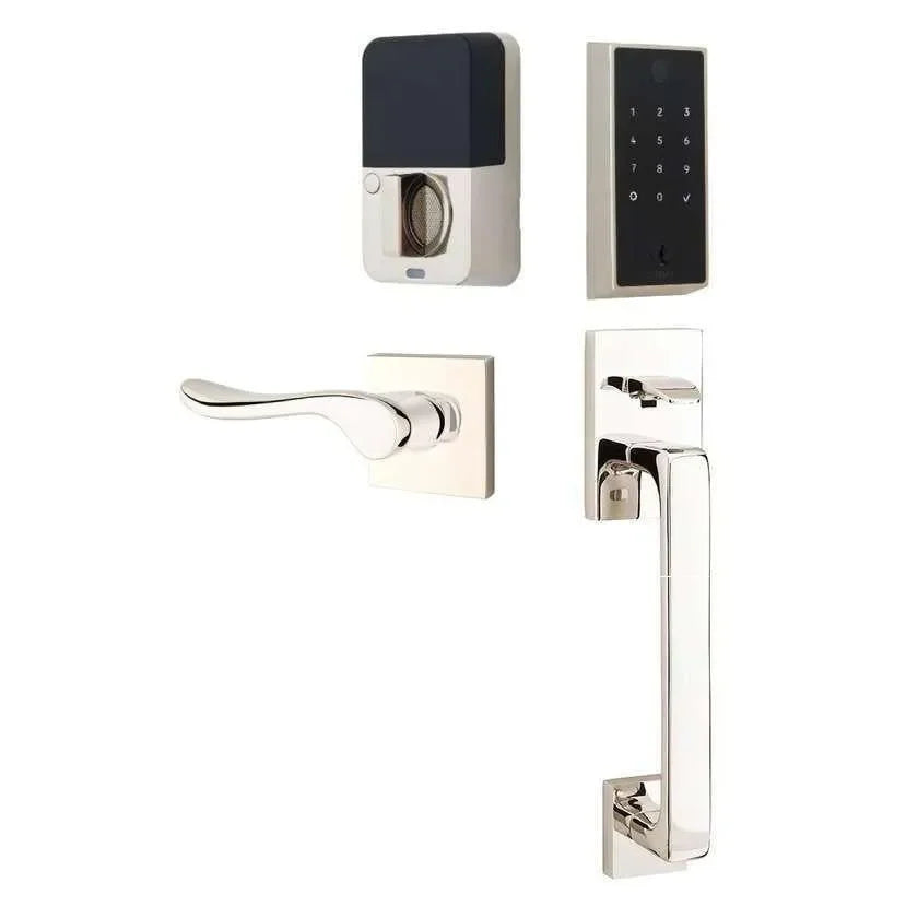 Emtek EMPowered 2 Touch Entry Set with Baden Grip and Luzern Lever Lifetime Polished Nickel