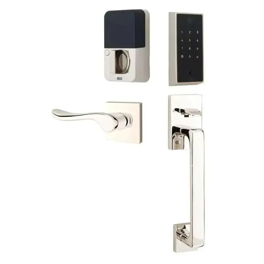Emtek EMPowered 2 Touch Entry Set with Baden Grip and Luzern Lever in Lifetime Polished Nickel finish