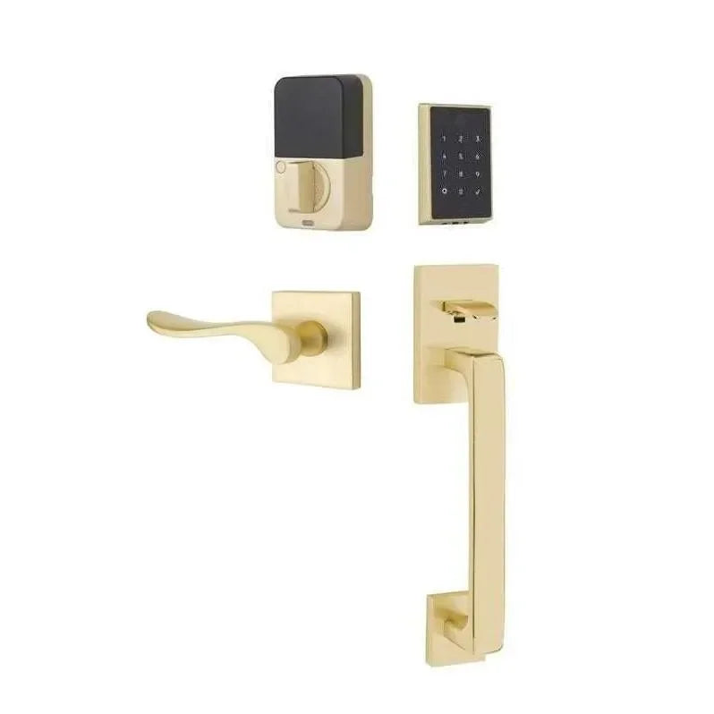 Emtek EMPowered 2 Touch Entry Set with Baden Grip and Luzern Lever Satin Brass