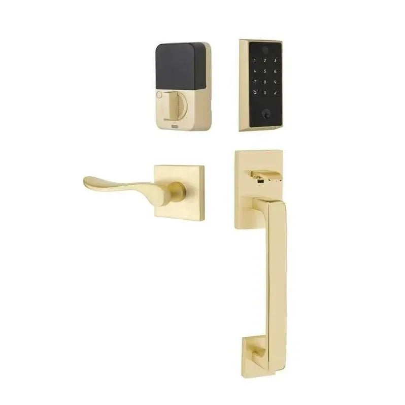 Emtek EMPowered 2 Touch Entry Set with Baden Grip and Luzern Lever Satin Brass