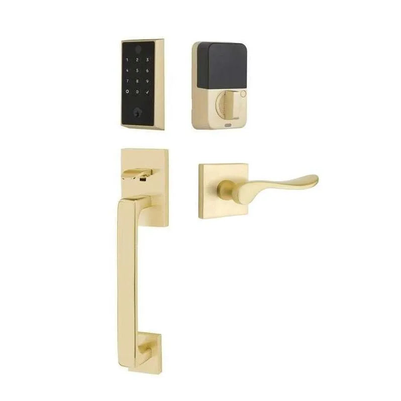 Emtek EMPowered 2 Touch Entry Set with Baden Grip and Luzern Lever Satin Brass