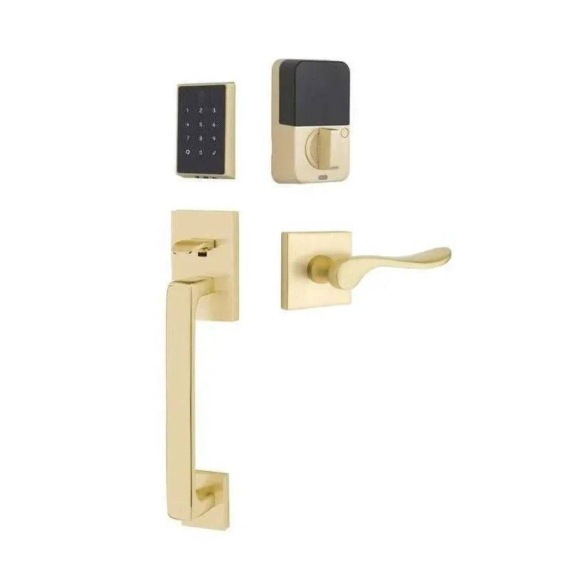 Emtek EMPowered 2 Touch Entry Set with Baden Grip and Luzern Lever Satin Brass