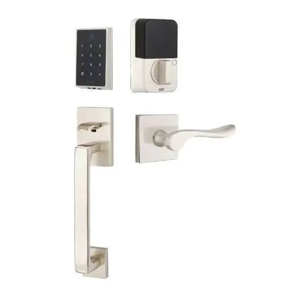 Emtek EMPowered 2 Touch Entry Set with Baden Grip and Luzern Lever Satin Nickel