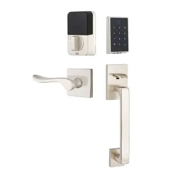 Emtek EMPowered 2 Touch Entry Set with Baden Grip and Luzern Lever Satin Nickel