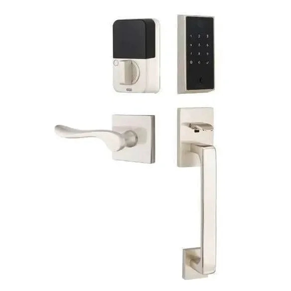 Emtek EMPowered 2 Touch Entry Set with Baden Grip and Luzern Lever Satin Nickel