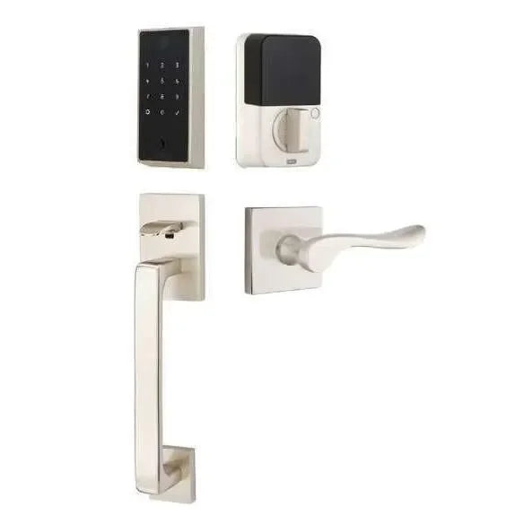 Emtek EMPowered 2 Touch Entry Set with Baden Grip and Luzern Lever Satin Nickel
