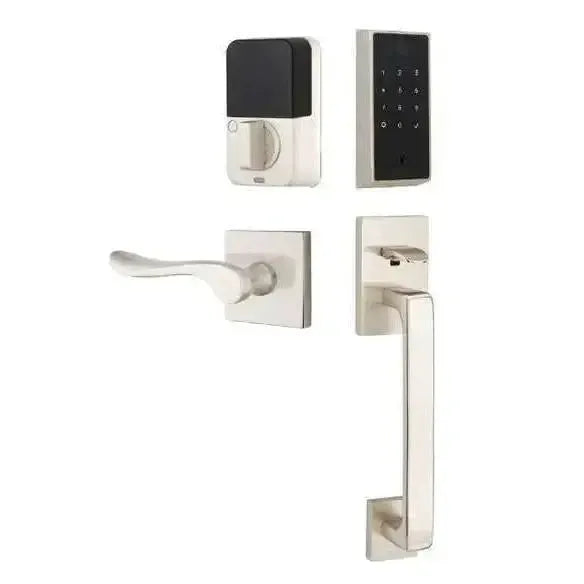 Emtek EMPowered 2 Touch Entry Set with Baden Grip and Luzern Lever in Satin Nickel finish