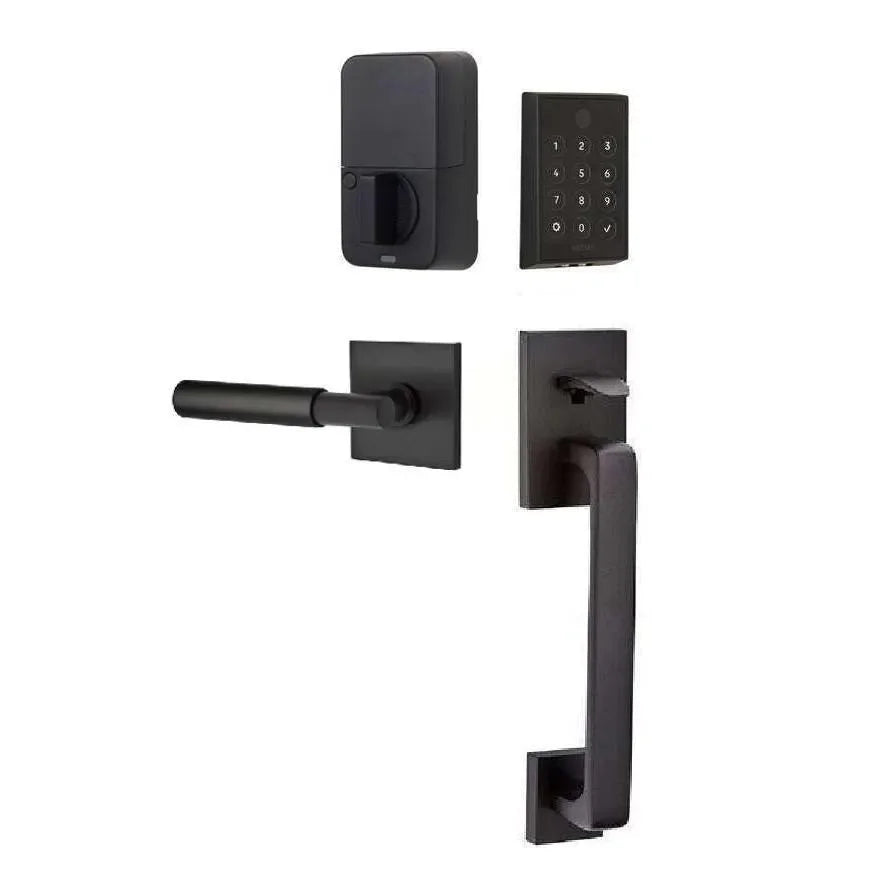 Emtek EMPowered 2 Touch Entry Set with Baden Grip and Myles Lever Flat Black