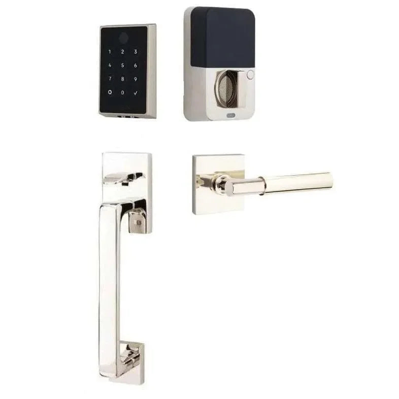 Emtek EMPowered 2 Touch Entry Set with Baden Grip and Myles Lever Lifetime Polished Nickel