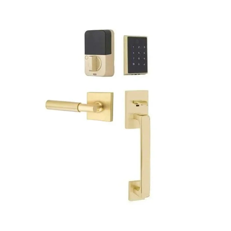 Emtek EMPowered 2 Touch Entry Set with Baden Grip and Myles Lever Satin Brass