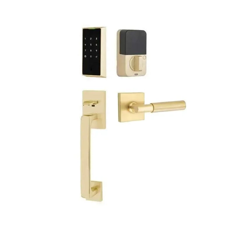 Emtek EMPowered 2 Touch Entry Set with Baden Grip and Myles Lever Satin Brass