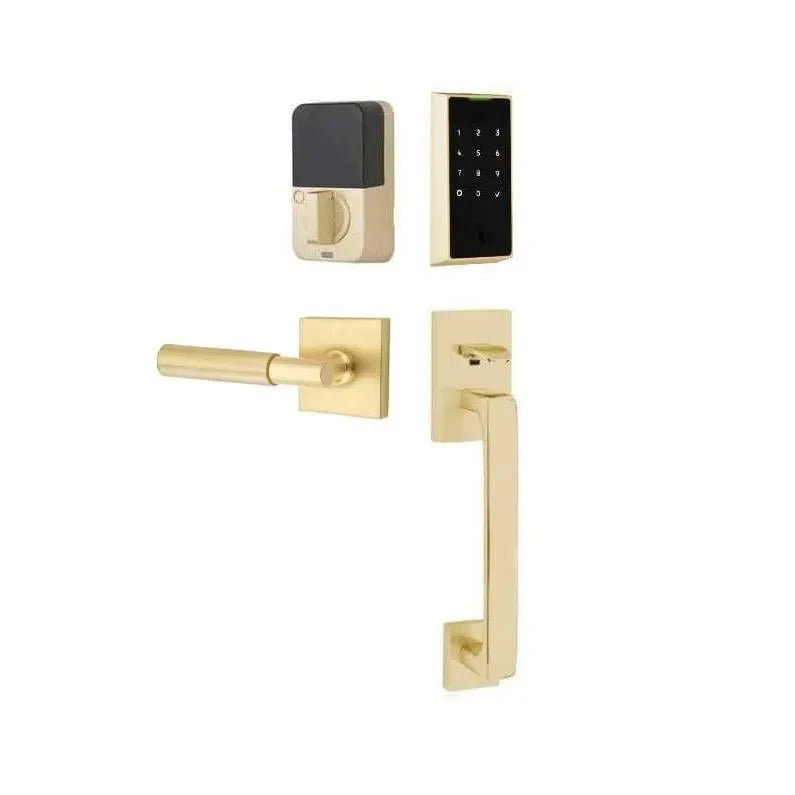 Emtek EMPowered 2 Touch Entry Set with Baden Grip and Myles Lever Satin Brass