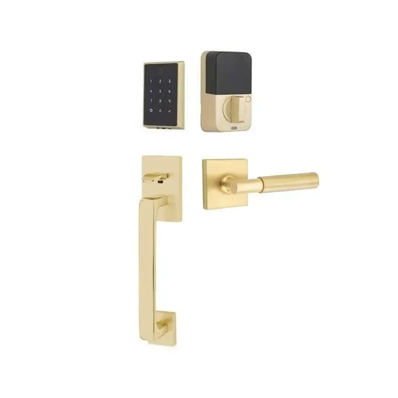 Emtek EMPowered 2 Touch Entry Set with Baden Grip and Myles Lever Satin Brass
