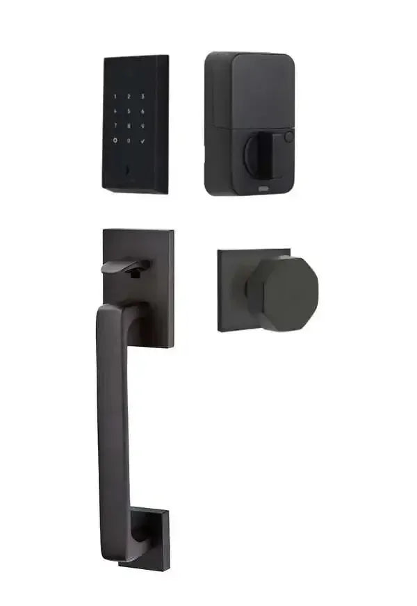 Emtek EMPowered 2 Touch Entry Set with Baden Grip and Octagon Knob in Flat Black finish