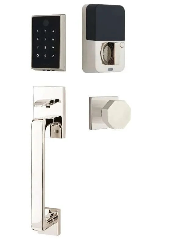 Emtek EMPowered 2 Touch Entry Set with Baden Grip and Octagon Knob Lifetime Polished Nickel