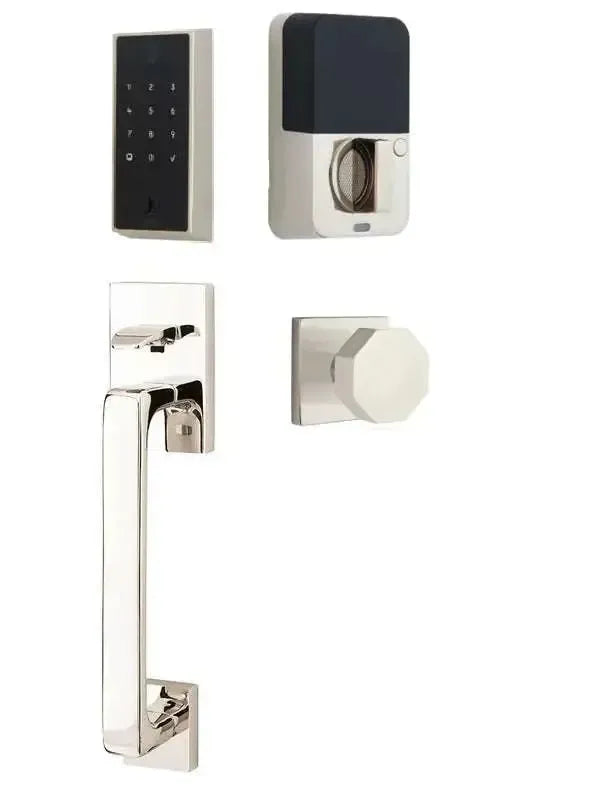 Emtek EMPowered 2 Touch Entry Set with Baden Grip and Octagon Knob in Lifetime Polished Nickel finish